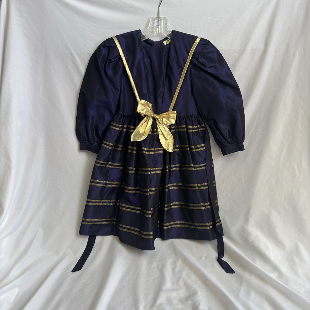 Vintage Manhattan Girl’s sz 6x Metallic Navy Blue & Gold Formal Coastal Dress